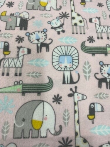 Snuggle in the Jungle Flannel - Soft grey & white jungle animals on pink background