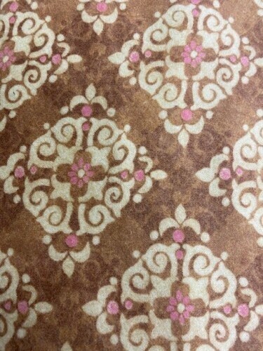 Velvet Blossoms Flannel - Diamond shaped cream coloured fleur de lis squares on caramel coloured background with pink dots