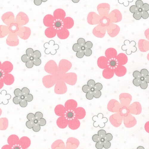 Cozy Cotton Flannel - Pink, grey & white flowers on white background