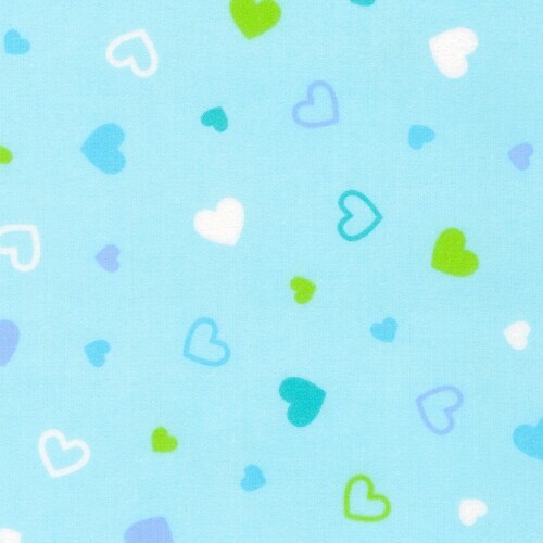 Cozy Cotton Flannel - Purple, green & aqua hearts on aqua/blue background