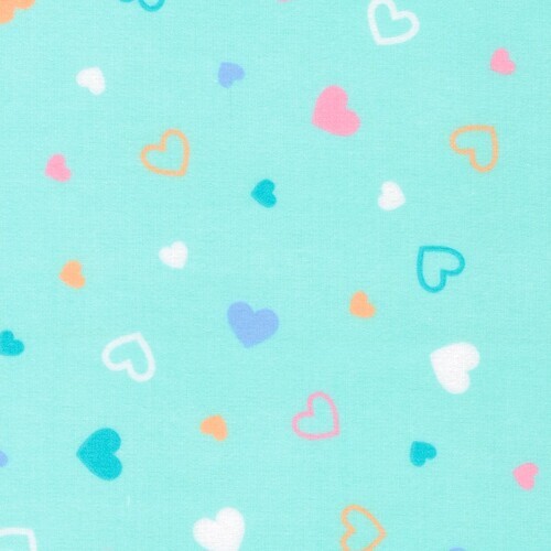 Cozy Cotton Flannel - Purple, green & orange hearts on mint background