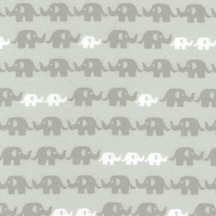 Cozy Cotton Flannel - Rows of grey elephants and white baby elephants on soft grey background