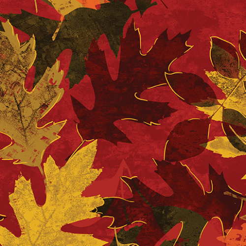 Autumn Comfort Flannel - Large gold, orange & brown leaves on russett background