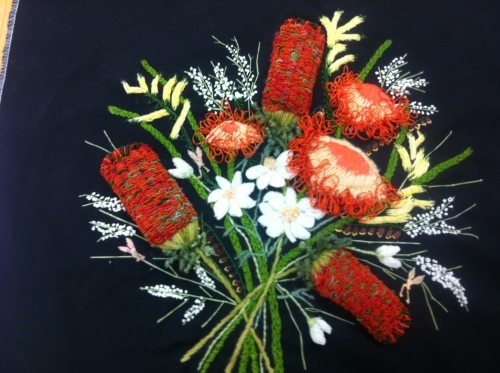 Exquisite embroidery of Australian banksia's stitched by Bev Tully 